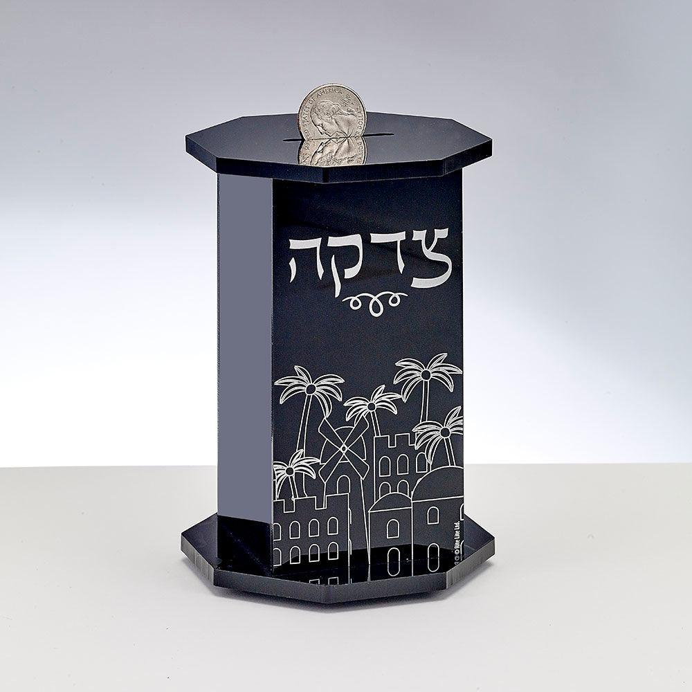 TZEDAKAH BOX, HEXAGON, JRSLM DESIGN,BLACK ACRYLIC, 5.5",COLORBOX