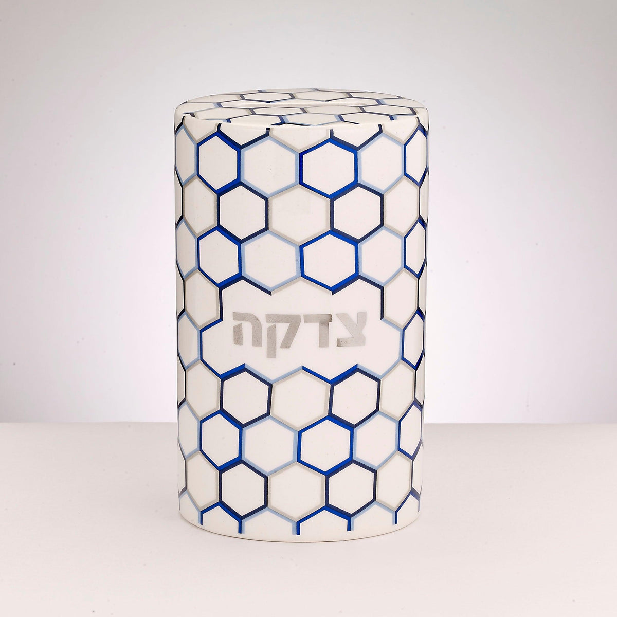 TZEDAKAH BOX, HONEYCOMB DESIGN,SILVER ACCENTS,CERAMIC,5.5"H,CLBOX