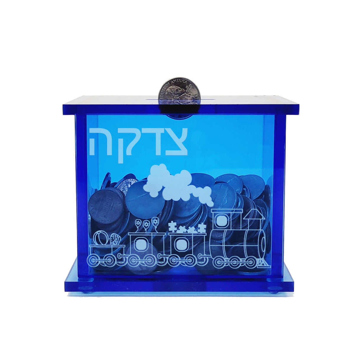 TZEDAKAH BOX, TRAIN DESIGN, BLUE ACRYLIC,4" H, COLORBOX