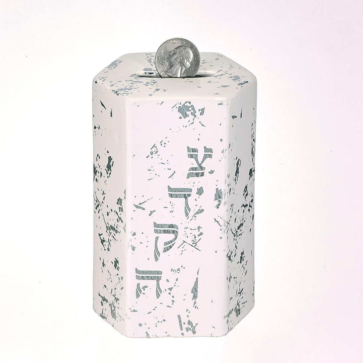 TZEDAKAH BOX,HEXAGON WITH SILVER ACCENTS,CERAMIC,5.5"H,COLOR BOX
