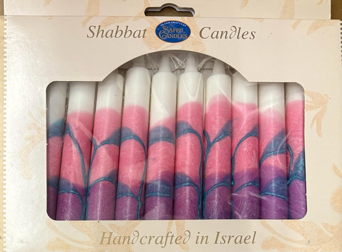 12 Tapered Israeli Shabbat Candles-Pink/Turquoize