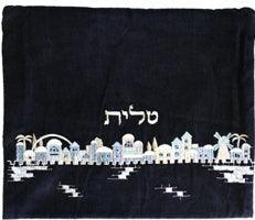 Velvet Embroidered Tallit Bag Jerusalem Blue (EM-TV-2)