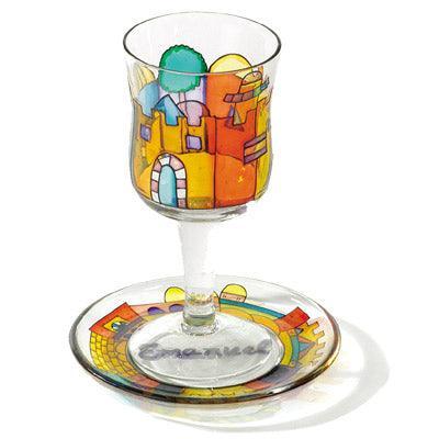 View of Jerusalem Glass Painted Kiddush Cup and Saucer