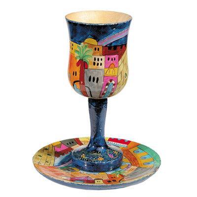 Vista of Jerusalem Wooden Kiddush Cup and Plate Set (EM-CU1)