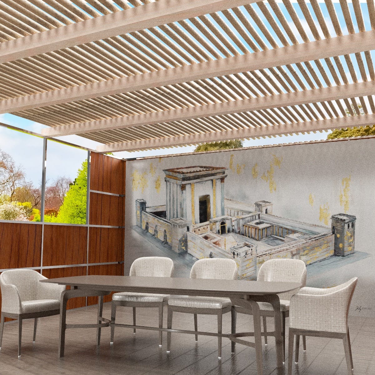 Bais Hamikdash by Judy Vinyl Sukkah Decoration - Waterdale Collection