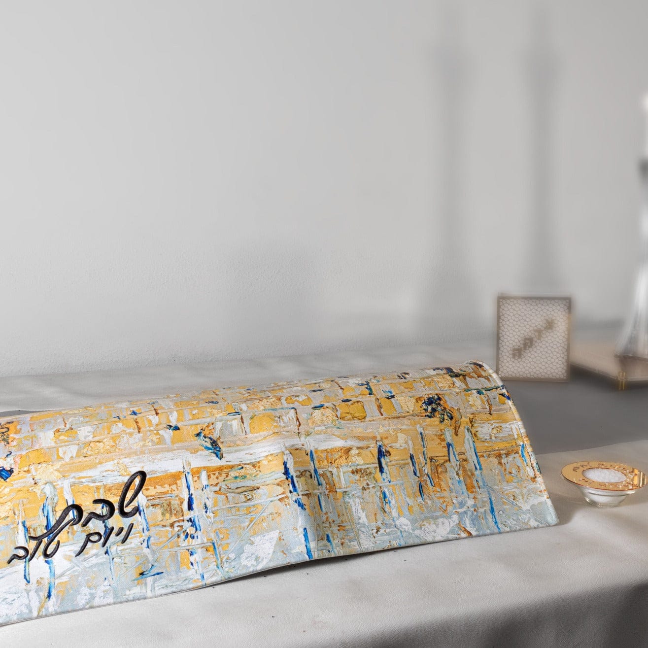 Painted Kosel of Gray & Gold Challah Cover - Waterdale Collection