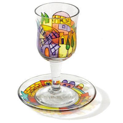 Windmill Glass Painted Kiddush Cup and Saucer (EM-GC1)