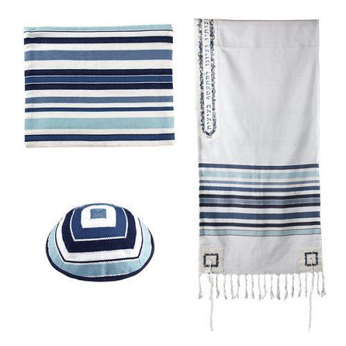Woven Tallit w/ Stripes-Jerusalem Atara-Blue (EM-TAL2A)