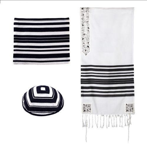 Woven Tallit w/ Stripes-Pomegranate Atara-Black (EM-TAL1B)