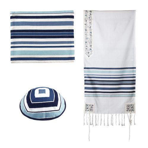 Woven Tallit w/ Stripes-Pomegranate Atara-Blue (EM-TAL1A)