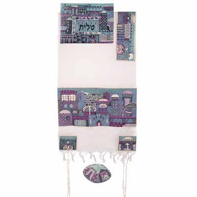 Yair emanuel Completely Embroidered Tallit - Jerusalem in blue 18 x77   TNE-3