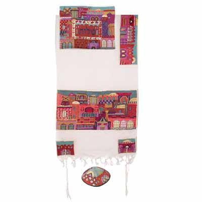 Yair emanuel Completely Embroidered Tallit - Jerusalem in color 18 x77    TNE-1