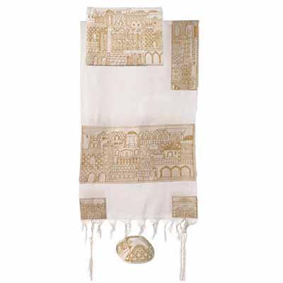 Yair emanuel Completely Embroidered Tallit - Jerusalem in gold 18 x 77   TNE-2