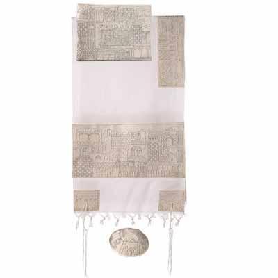 Yair emanuel Completely Embroidered Tallit - Jerusalem in silver 18 x 77   TNE-4
