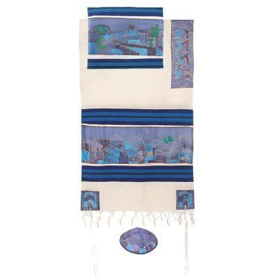 Yair emanuel Cotton and Silk Tallit  - Jerusalem Dove in blue TWS-6