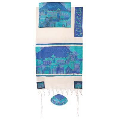 Yair emanuel Cotton and Silk Tallit  - Jerusalem gate in blue TWS-11