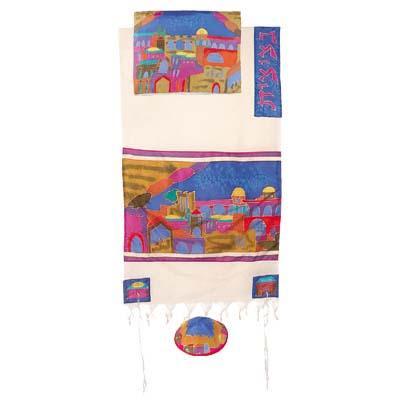 Yair emanuel Cotton and Silk Tallit  - Jerusalem gate in color TWS-10