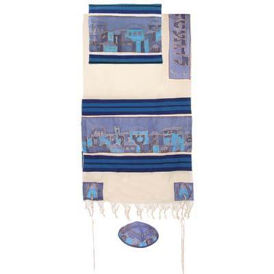 Yair emanuel Cotton and Silk Tallit  - Jerusalem in blue TWS-4