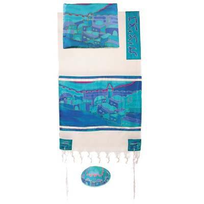 Yair emanuel Cotton and Silk Tallit  - Vista in turquoise TWS-2