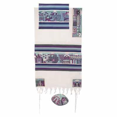 Yair Emanuel Embroidered Cotton Tallit -Jerusalem in blue TFE-3