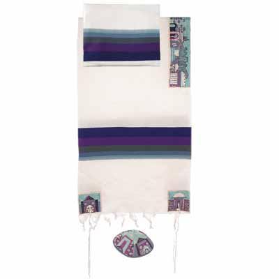 Yair Emanuel Embroidered Cotton Tallit  - Jerusalem in blue THE-2