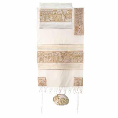 Yair Emanuel Embroidered Cotton Tallit -Jerusalem in gold TFE-5