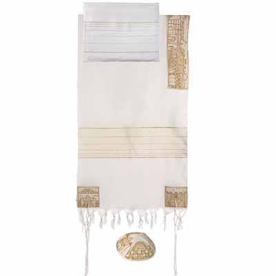 Yair Emanuel Embroidered Cotton Tallit  - Jerusalem in gold THE-3