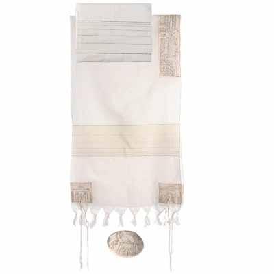 Yair Emanuel Embroidered Cotton Tallit  - Jerusalem in silver THE-1