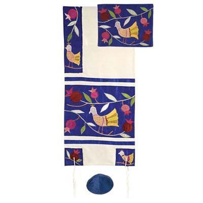 Yair emanuel Embroidered Raw Silk Tallit  - Birds blue TFA-8