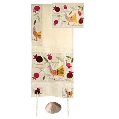 Yair emanuel Embroidered Raw Silk Tallit  - Birds gold TFA-7