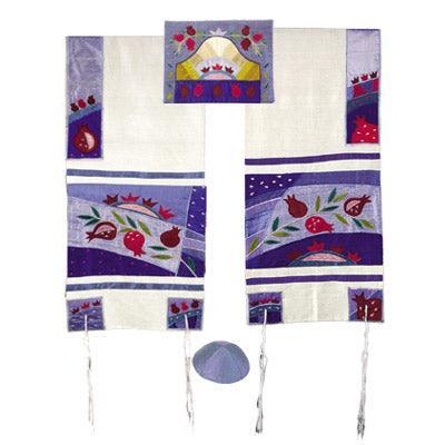 Yair emanuel Embroidered Raw Silk Tallit  - Pomegranates in blue  TFA-5