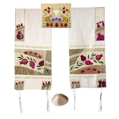 Yair emanuel Embroidered Raw Silk Tallit  - Pomegranates in gold TFA-4