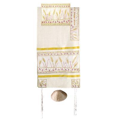 Yair emanuel Embroidered Raw Silk Tallit - Sheaves of wheat TFA-6