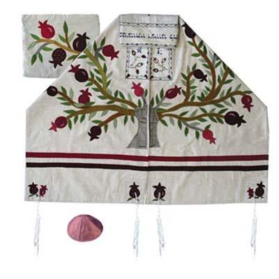 Yair emanuel Embroidered Raw Silk Tallit  - Tree of life - Pomegranates white TFA-11