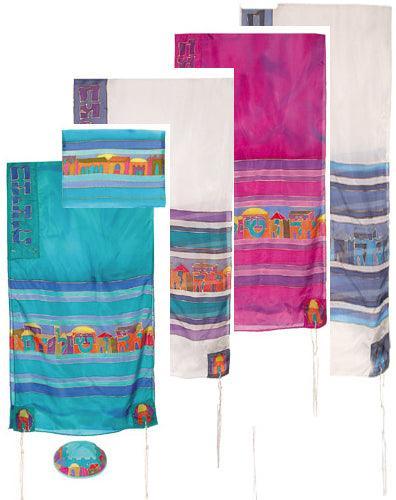 Yair emanuel Hand-Painted Silk Tallit  - Jerusalem  21" x 77" TS-1