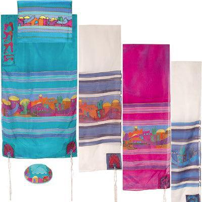 Yair emanuel Hand-Painted Silk Tallit  - Jerusalem dove 21" x 77"  TS-8