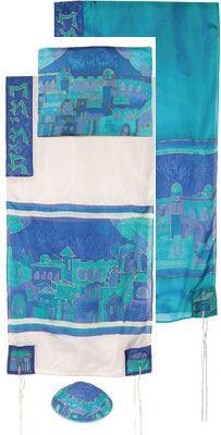 Yair emanuel Hand-Painted Silk Tallit  - Jerusalem Gate 21" x 77"  TS-4