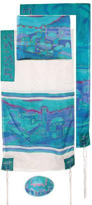 Yair emanuel Hand-Painted Silk Tallit  - Jerusalem Vista blue  21" x 77"  TS-6
