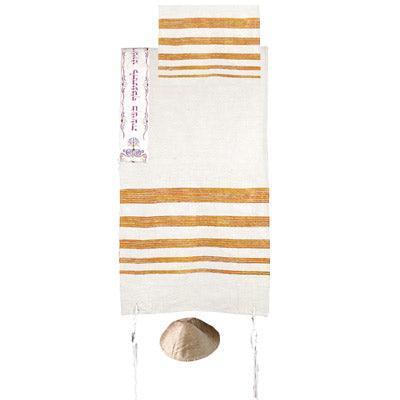 Yair emanuel hand woven Raw Silk Tallit with Embroidered Atara  - Orange TSW-5