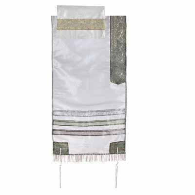 Yair emanuel Organza Tallit - White and Grey 17 x 72  TAR-3