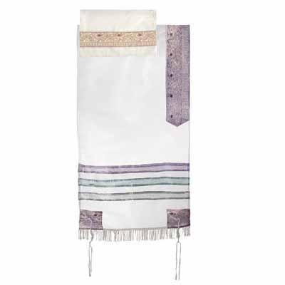 Yair emanuel Organza Tallit - White and Purple 17 x 72  TAR-1