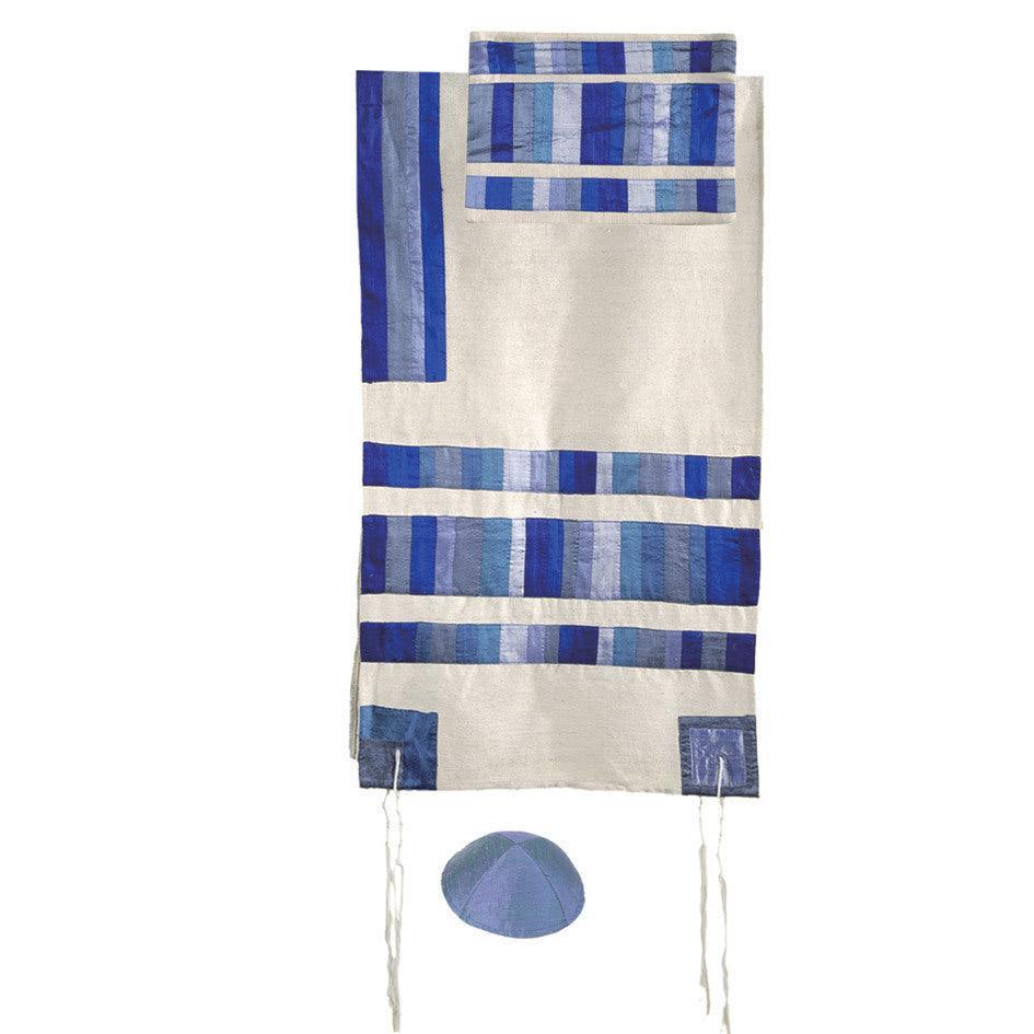 Yair emanuel Raw Silk Appliqued Stripes Tallit  - Blue TRA-3