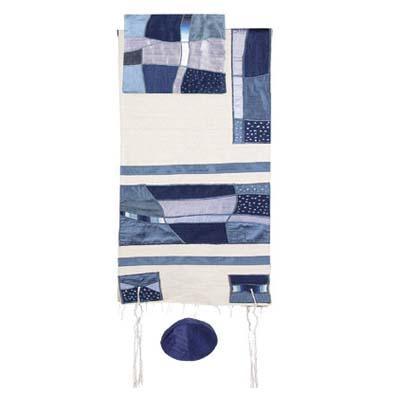Yair emanuel Raw Silk Appliqued Tallit  - Abstract Blue TSD-2