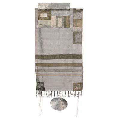 Yair emanuel Raw Silk Tallit with stripes  - Grey on grey  TRS-3
