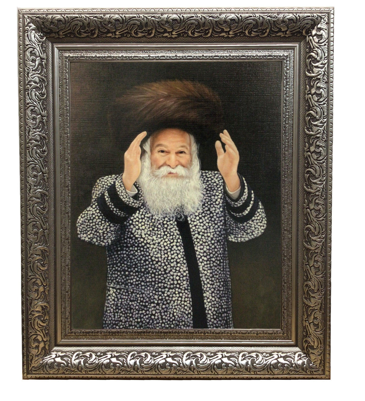 Bobover Rebbe- Reb Bentzion Standing Framed Picture Painting in Silver Frame, Size 11x14"