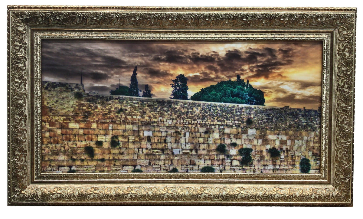 Framed Canvas of the Kotel at Sunset with Greenery Size 16x32" with Cream/Gold Frame