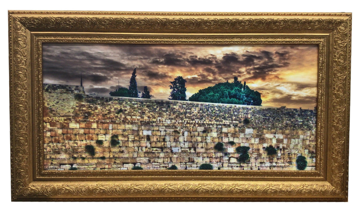 Framed Canvas of the Kotel at Sunset with Greenery Size 16x32" with Gold Frame
