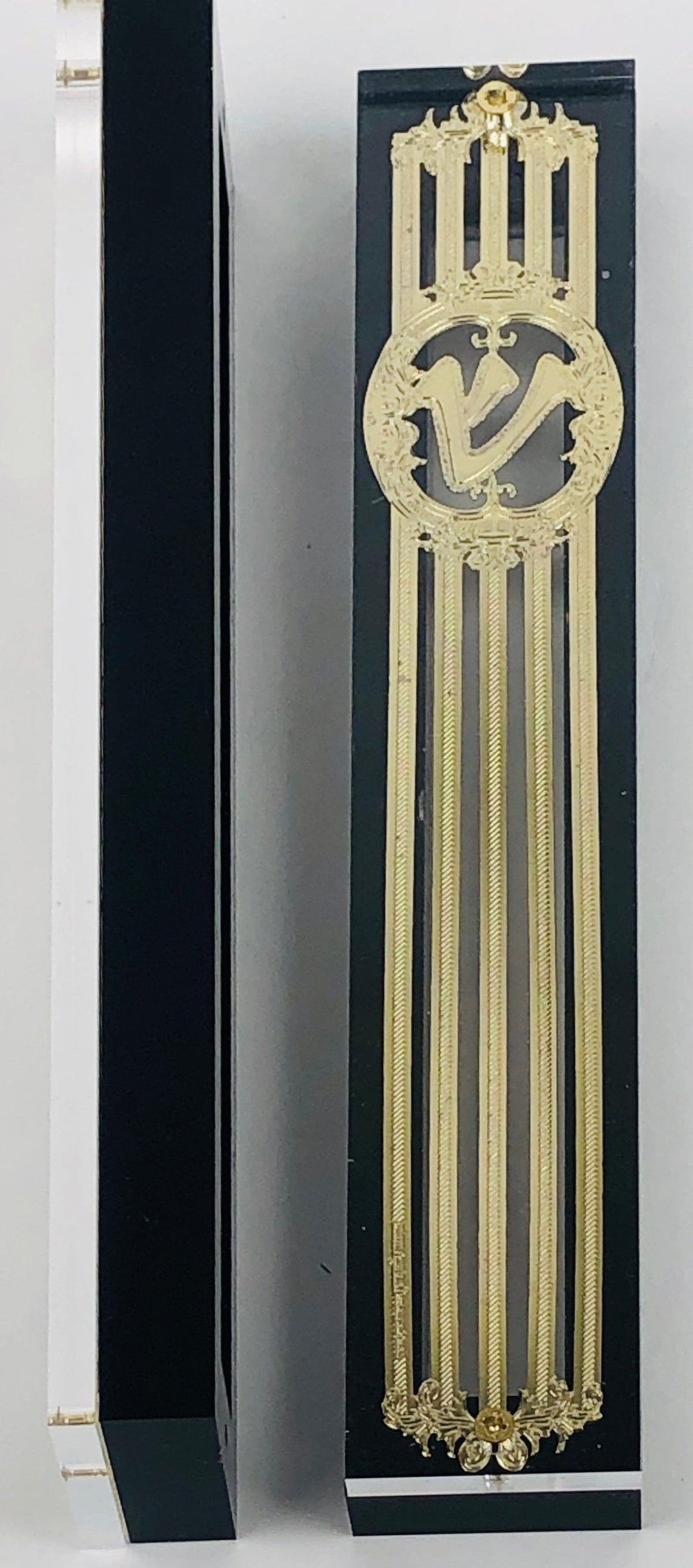 Gold Plated Mezuzah Case w/ Black Border- 15 cm scroll Design #5