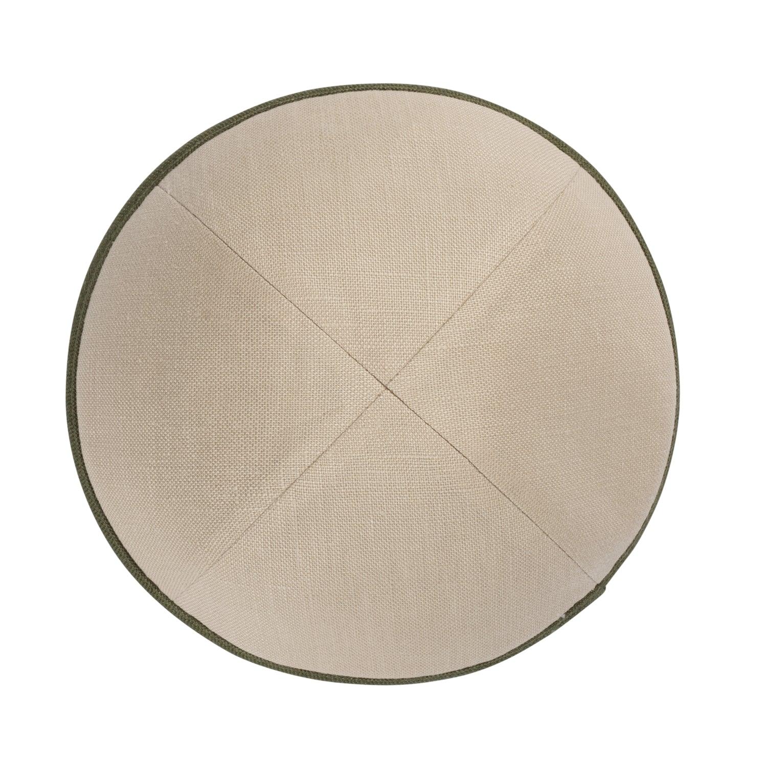 IKIPPAH BEIGE LINEN W/ OLIVE LINEN RIM YARMULKE