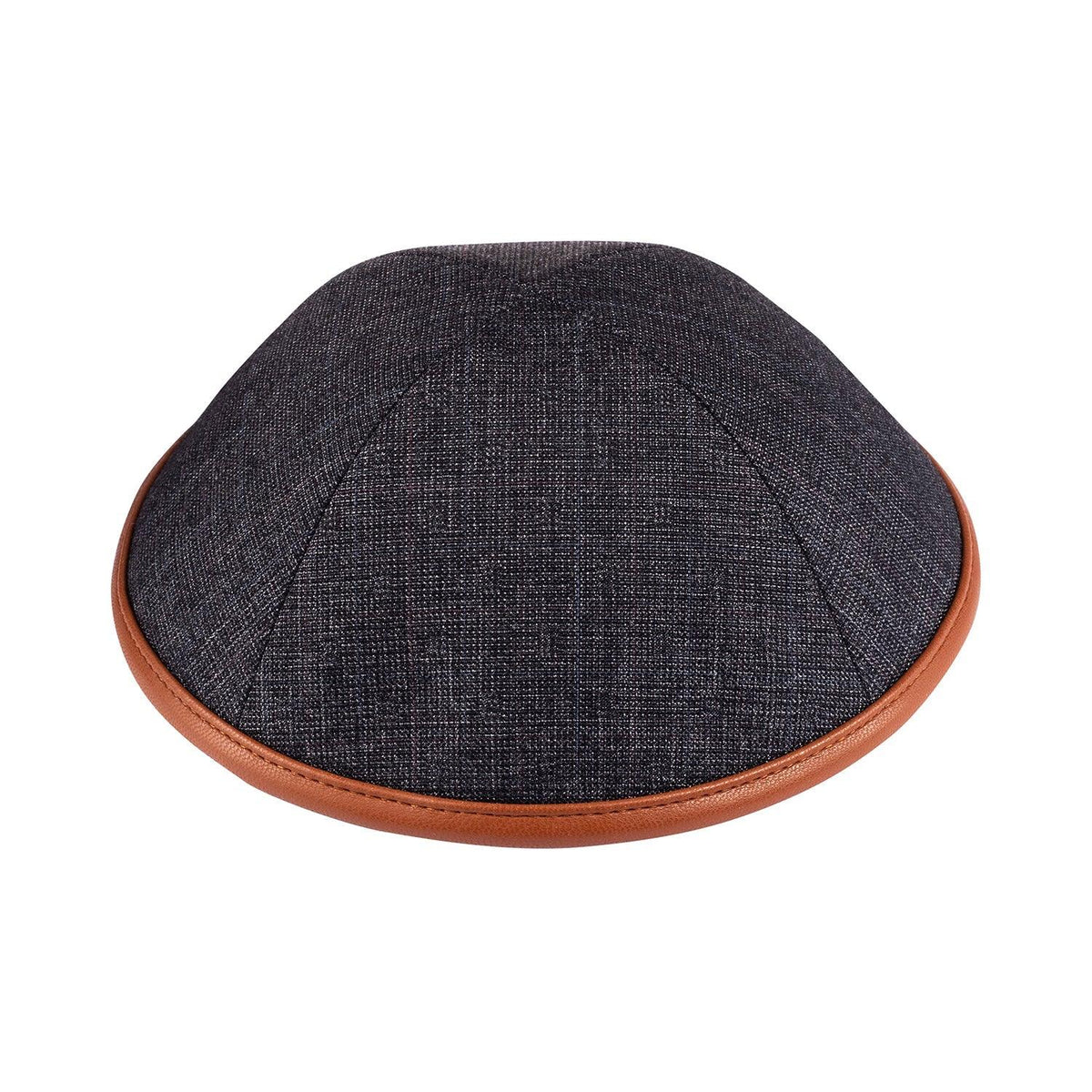 IKIPPAH BLACK &amp; WHITE SUITING W/ CAMEL LEATHER RIM YARMULKE